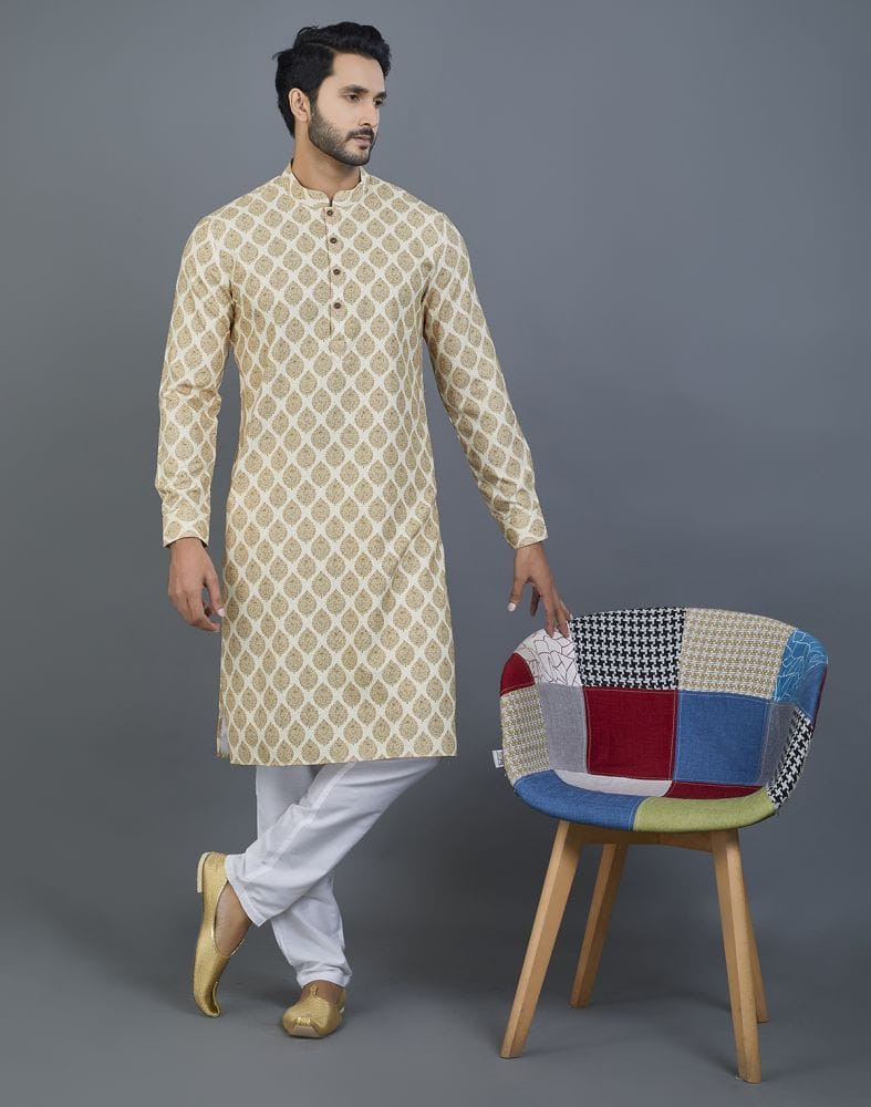 Collection of Attractive Yellow Botanical Print Cotton Kurta in a gallery layout