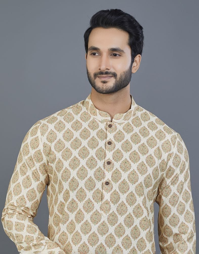 Collection of Attractive Yellow Botanical Print Cotton Kurta in a gallery layout