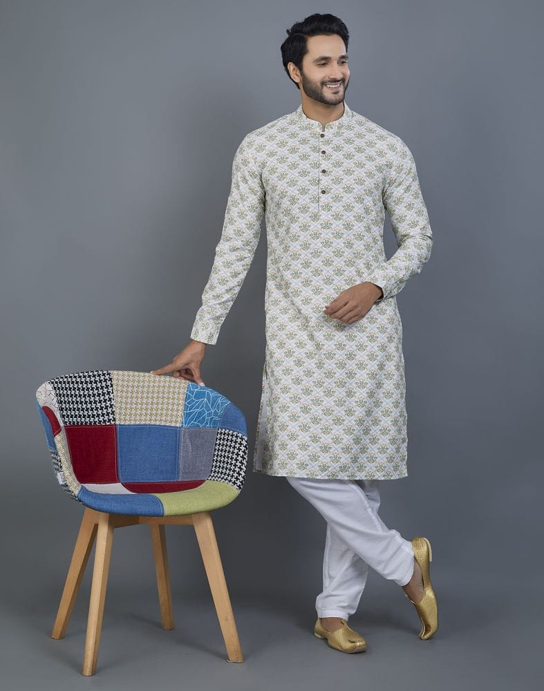 Graceful Off White Floral Print Cotton Kurta