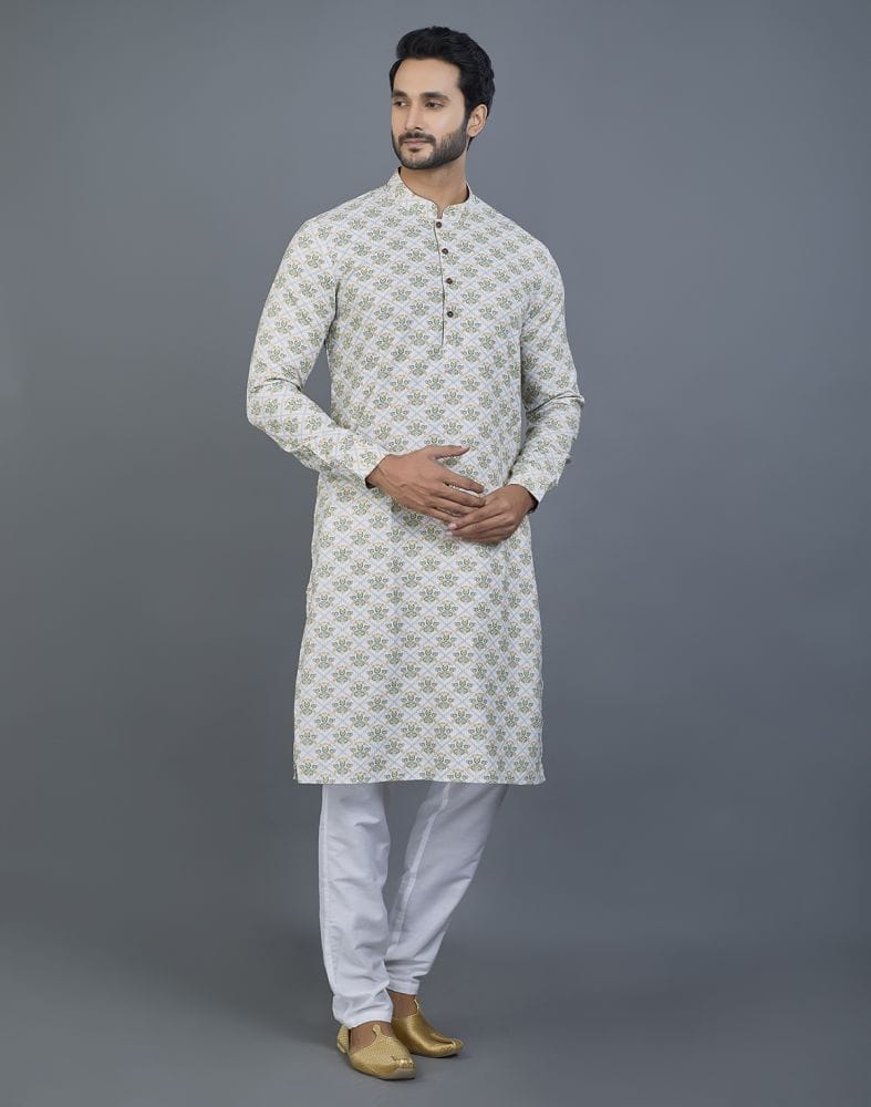 Collection of Graceful Off White Floral Print Cotton Kurta in a gallery layout