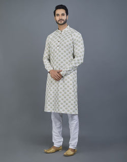 Collection of Graceful Off White Floral Print Cotton Kurta in a gallery layout