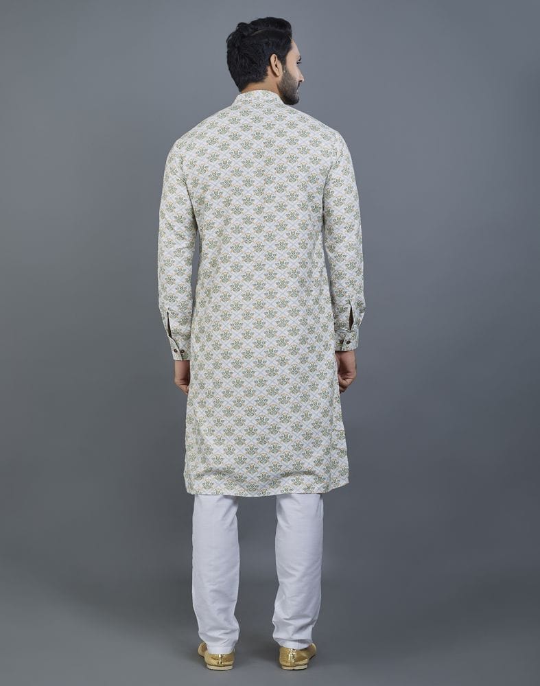 Collection of Graceful Off White Floral Print Cotton Kurta in a gallery layout