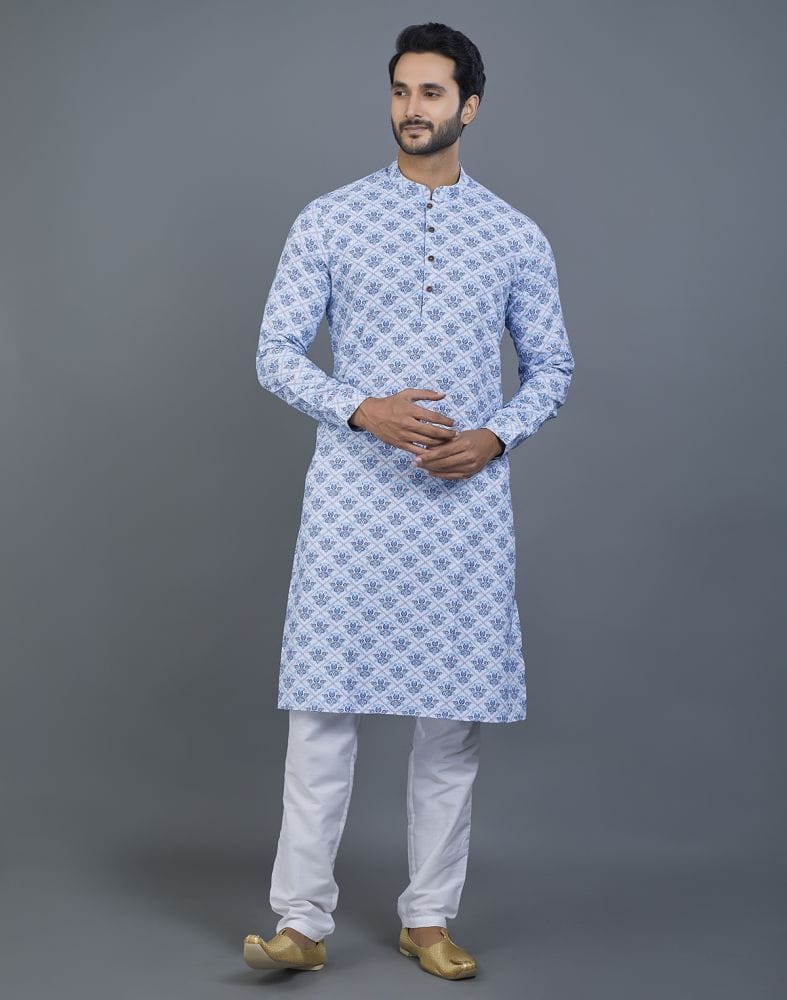 Collection of Aesthetic Sky Blue Floral Cotton Kurta in a gallery layout