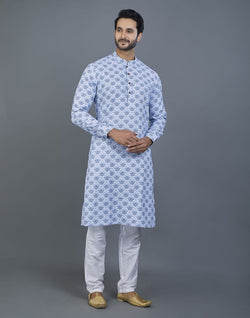 Collection of Aesthetic Sky Blue Floral Cotton Kurta in a gallery layout