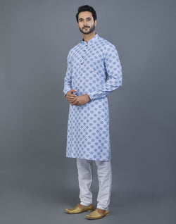 Collection of Aesthetic Sky Blue Floral Cotton Kurta in a gallery layout