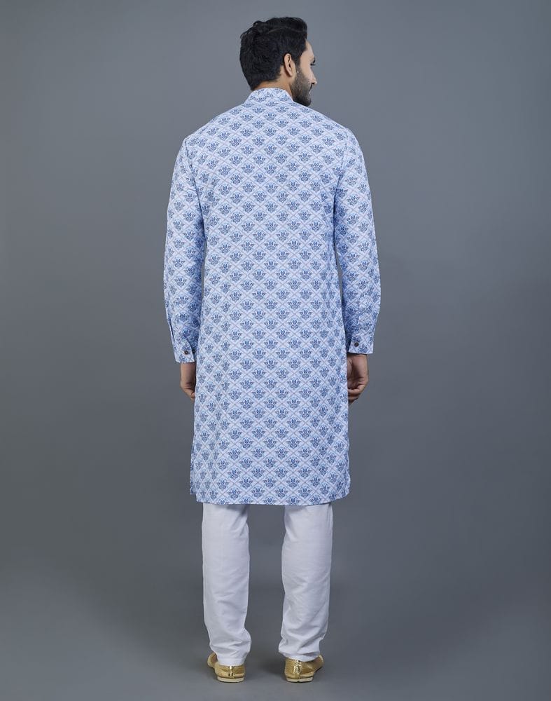 Collection of Aesthetic Sky Blue Floral Cotton Kurta in a gallery layout