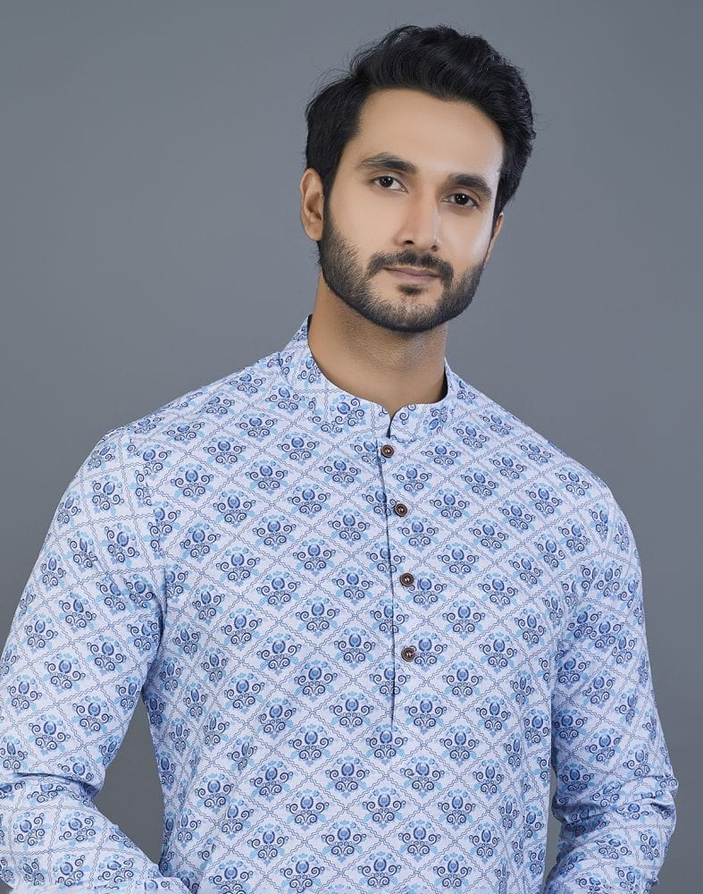 Collection of Aesthetic Sky Blue Floral Cotton Kurta in a gallery layout