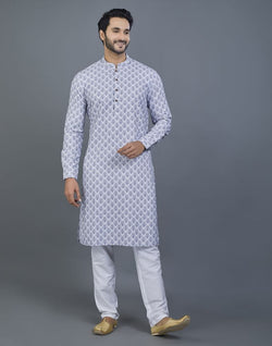 Collection of Geometric Print Grey Color Cotton Kurta in a gallery layout