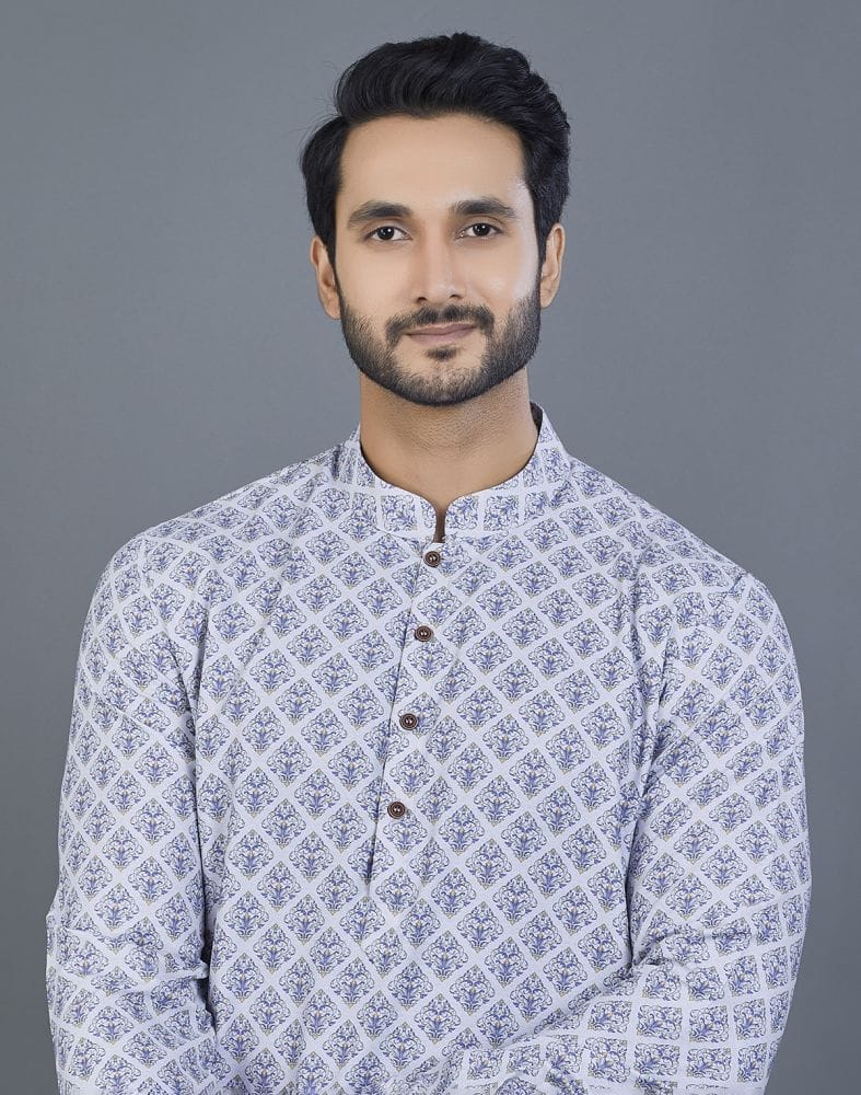 Collection of Geometric Print Grey Color Cotton Kurta in a gallery layout