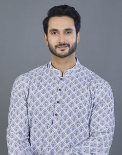 Collection of Geometric Print Grey Color Cotton Kurta in a gallery layout