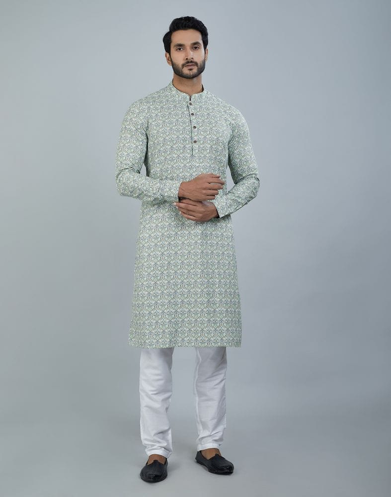 Classic Pista Green Color Botanical Print Cotton Kurta