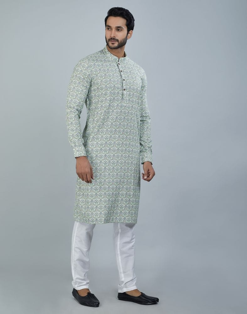 Classic Pista Green Color Botanical Print Cotton Kurta