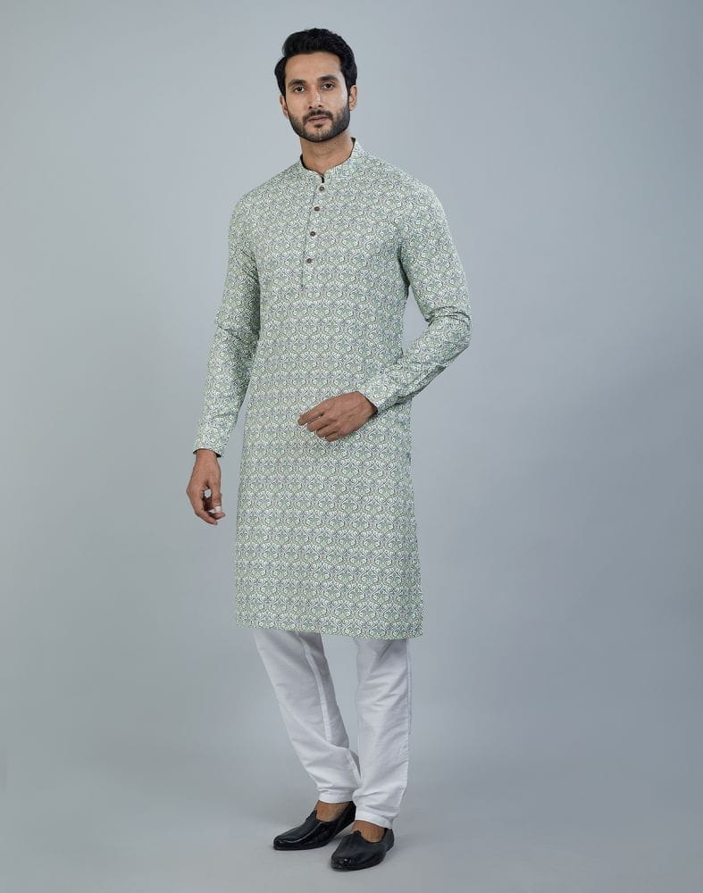 Classic Pista Green Color Botanical Print Cotton Kurta