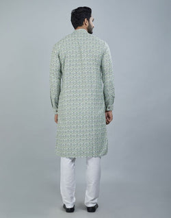 Collection of Classic Pista Green Color Botanical Print Cotton Kurta in a gallery layout