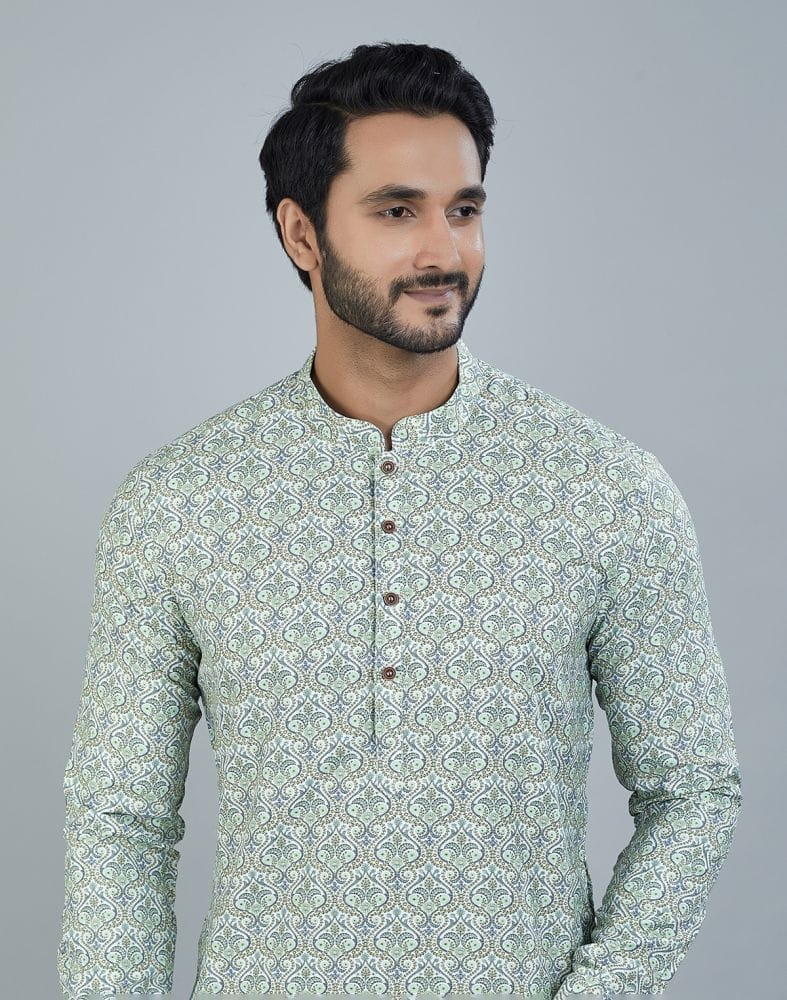 Collection of Classic Pista Green Color Botanical Print Cotton Kurta in a gallery layout