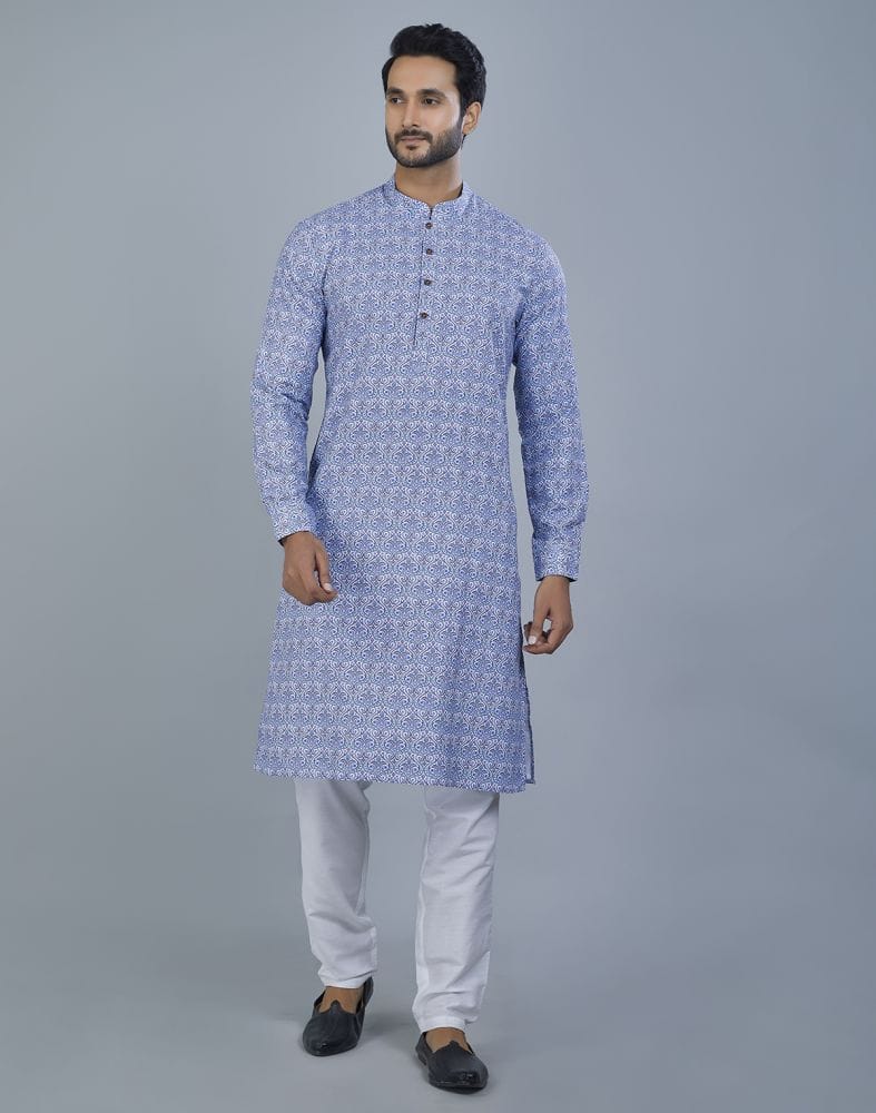 Collection of Glamorous Blue Botanical Print Cotton Kurta in a gallery layout