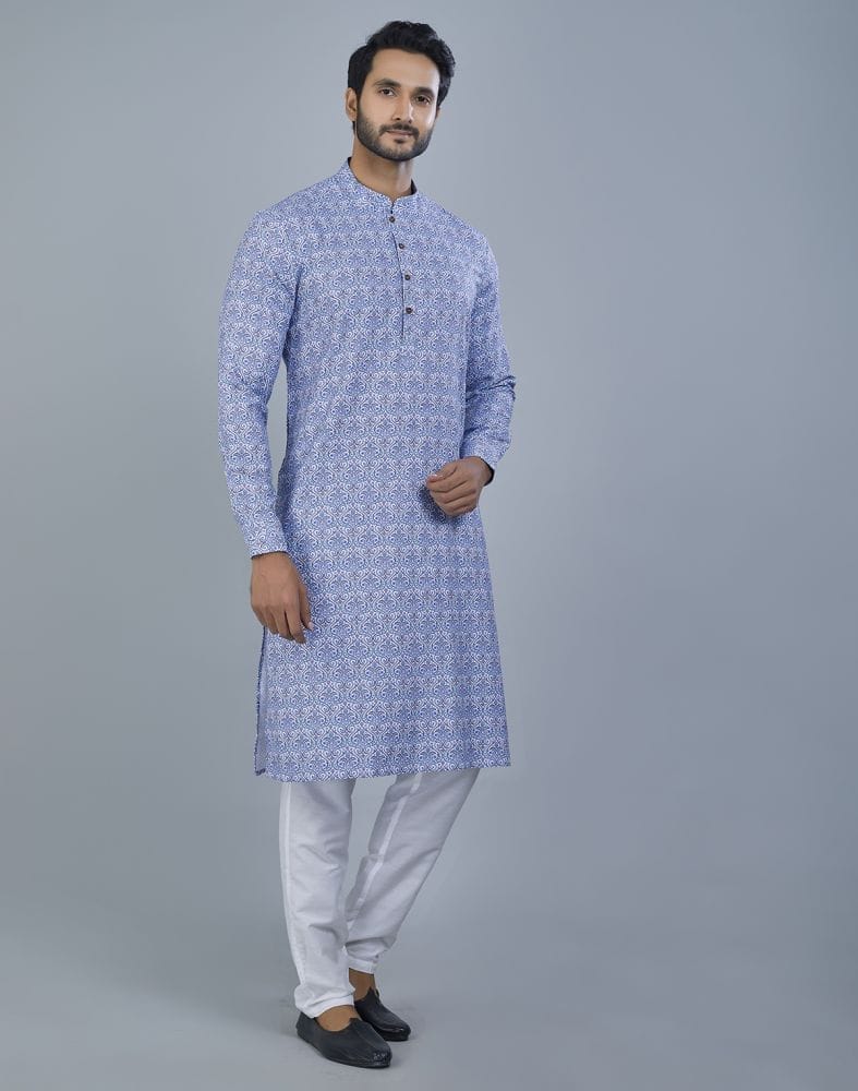 Collection of Glamorous Blue Botanical Print Cotton Kurta in a gallery layout