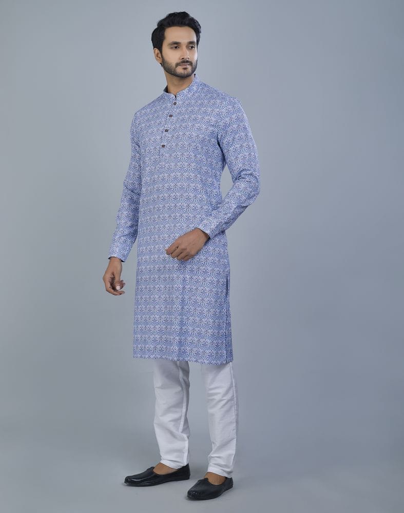 Collection of Glamorous Blue Botanical Print Cotton Kurta in a gallery layout