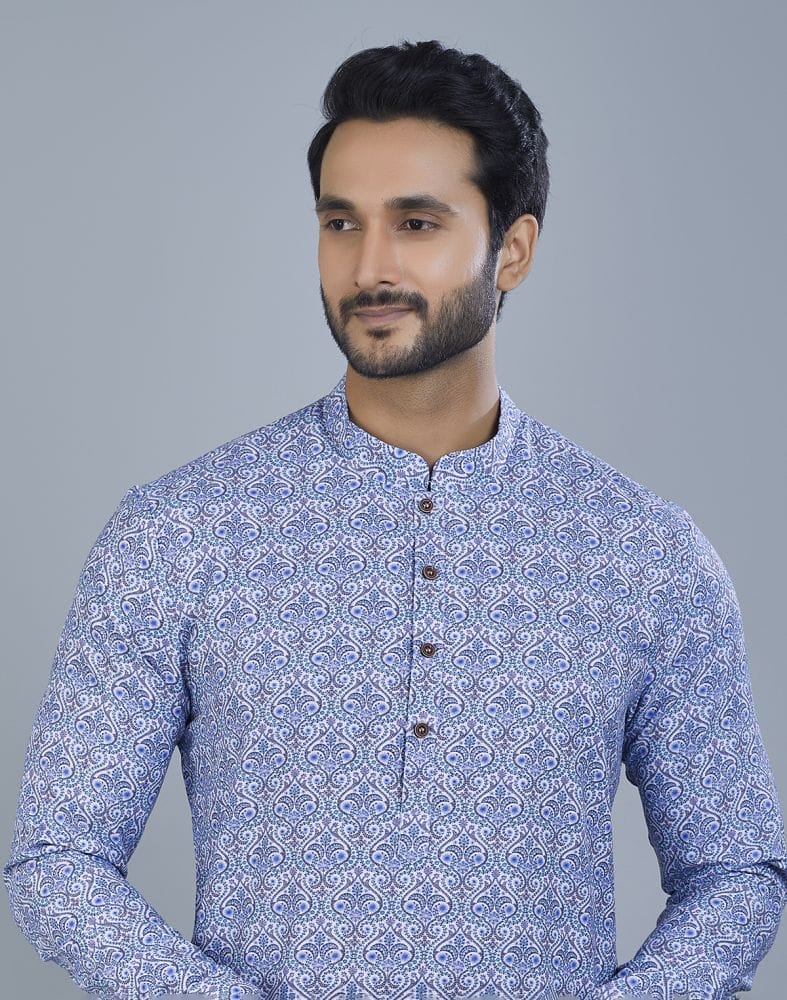 Collection of Glamorous Blue Botanical Print Cotton Kurta in a gallery layout