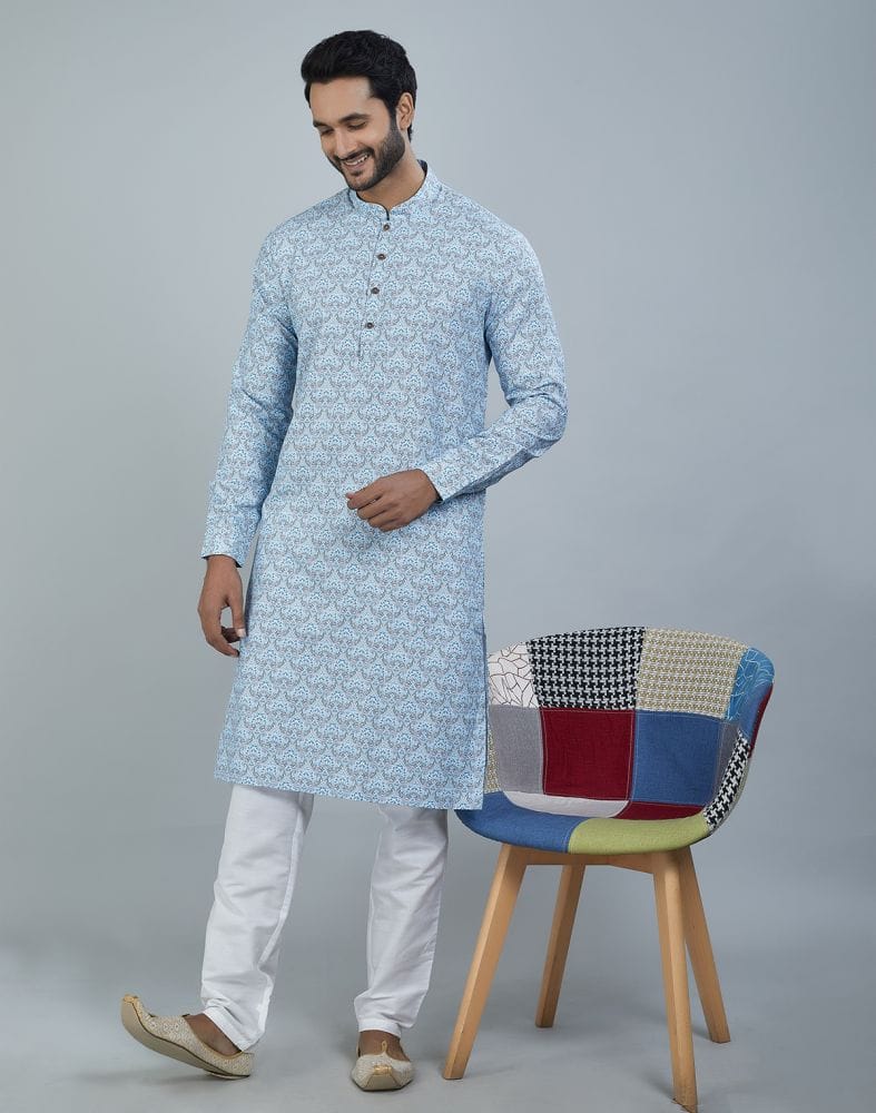 Collection of Light Blue Color Botanical Print Cotton Kurta in a gallery layout