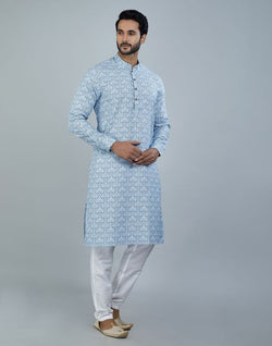 Collection of Light Blue Color Botanical Print Cotton Kurta in a gallery layout