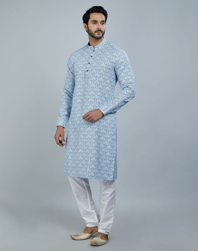 Collection of Light Blue Color Botanical Print Cotton Kurta in a gallery layout