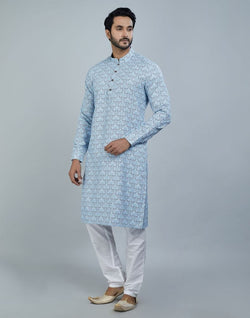 Collection of Light Blue Color Botanical Print Cotton Kurta in a gallery layout