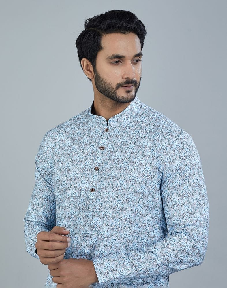 Light Blue Color Botanical Print Cotton Kurta