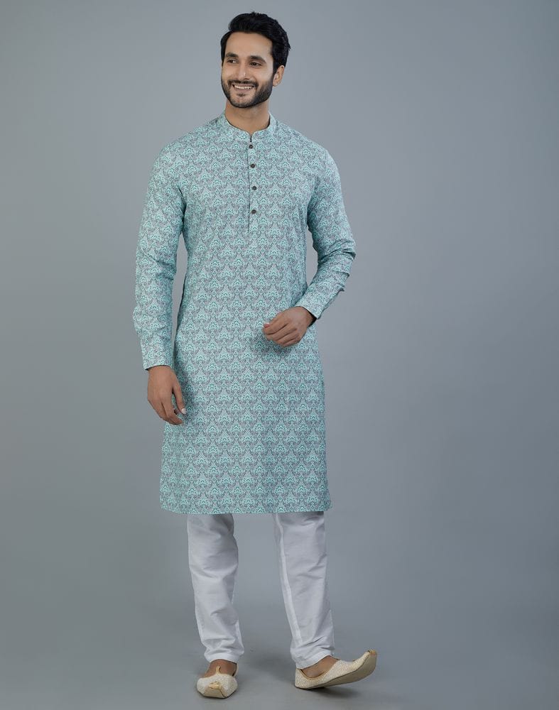 Botanical Print Light Green Colored Cotton Kurta