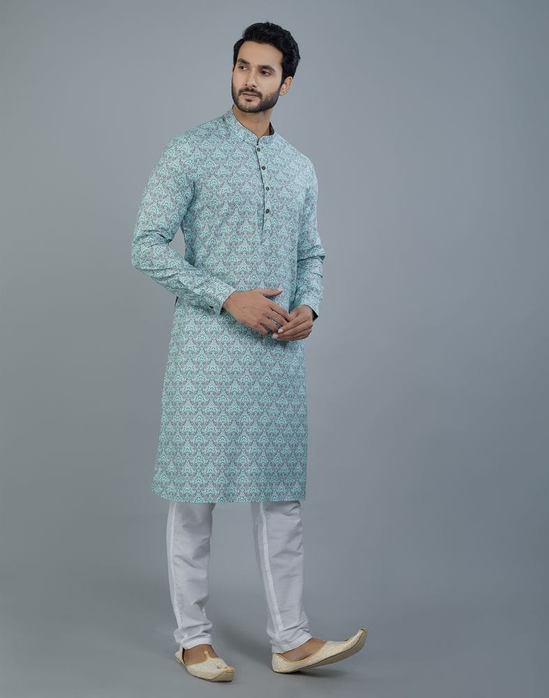 Collection of Botanical Print Light Green Colored Cotton Kurta in a gallery layout