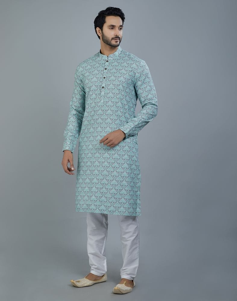 Botanical Print Light Green Colored Cotton Kurta