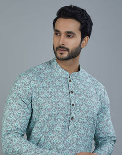 Collection of Botanical Print Light Green Colored Cotton Kurta in a gallery layout