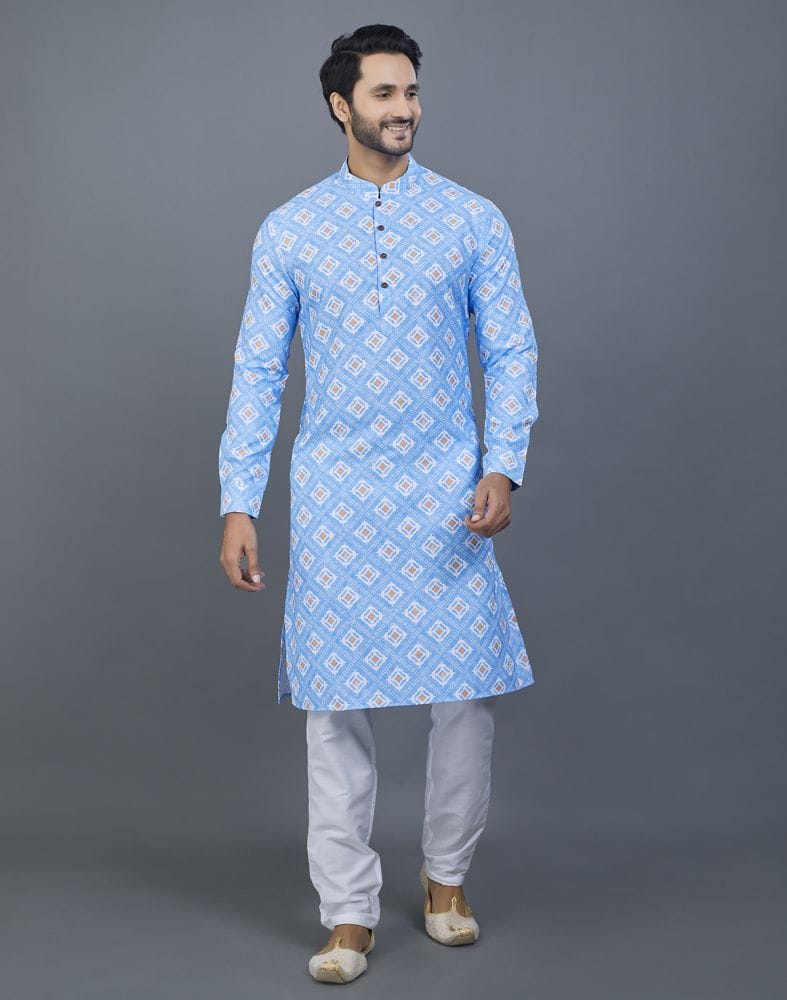 Elegant Royal Blue Geometric print Cotton Kurta