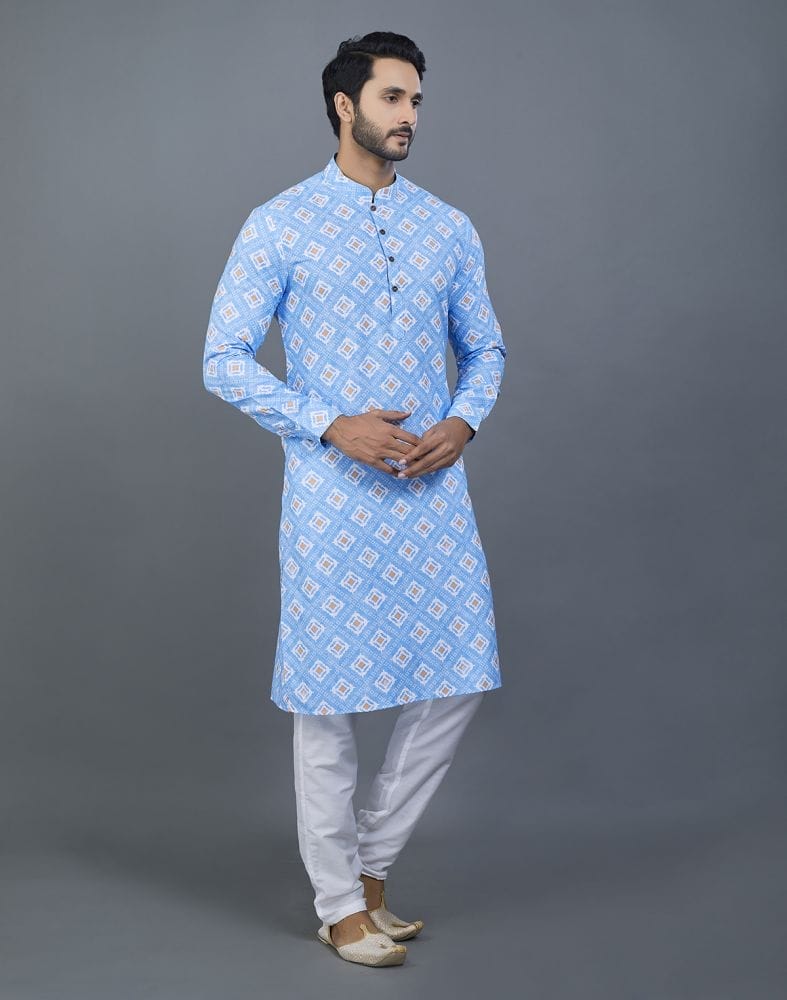 Elegant Royal Blue Geometric print Cotton Kurta