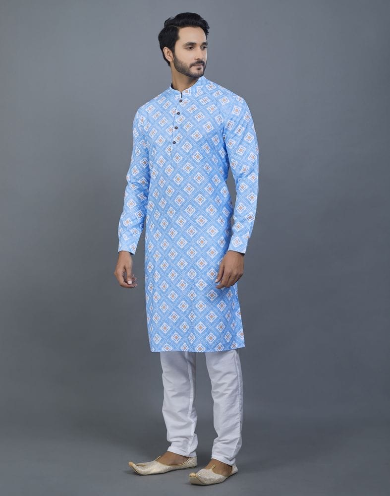 Collection of Elegant Royal Blue Geometric print Cotton Kurta in a gallery layout