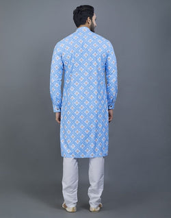 Collection of Elegant Royal Blue Geometric print Cotton Kurta in a gallery layout