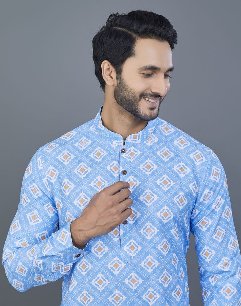 Collection of Elegant Royal Blue Geometric print Cotton Kurta in a gallery layout