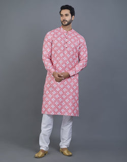 Collection of Good Looking Pink Geometric Cotton Kurta in a gallery layout