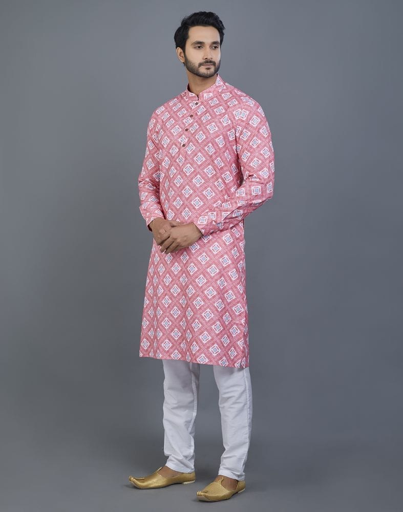 Collection of Good Looking Pink Geometric Cotton Kurta in a gallery layout