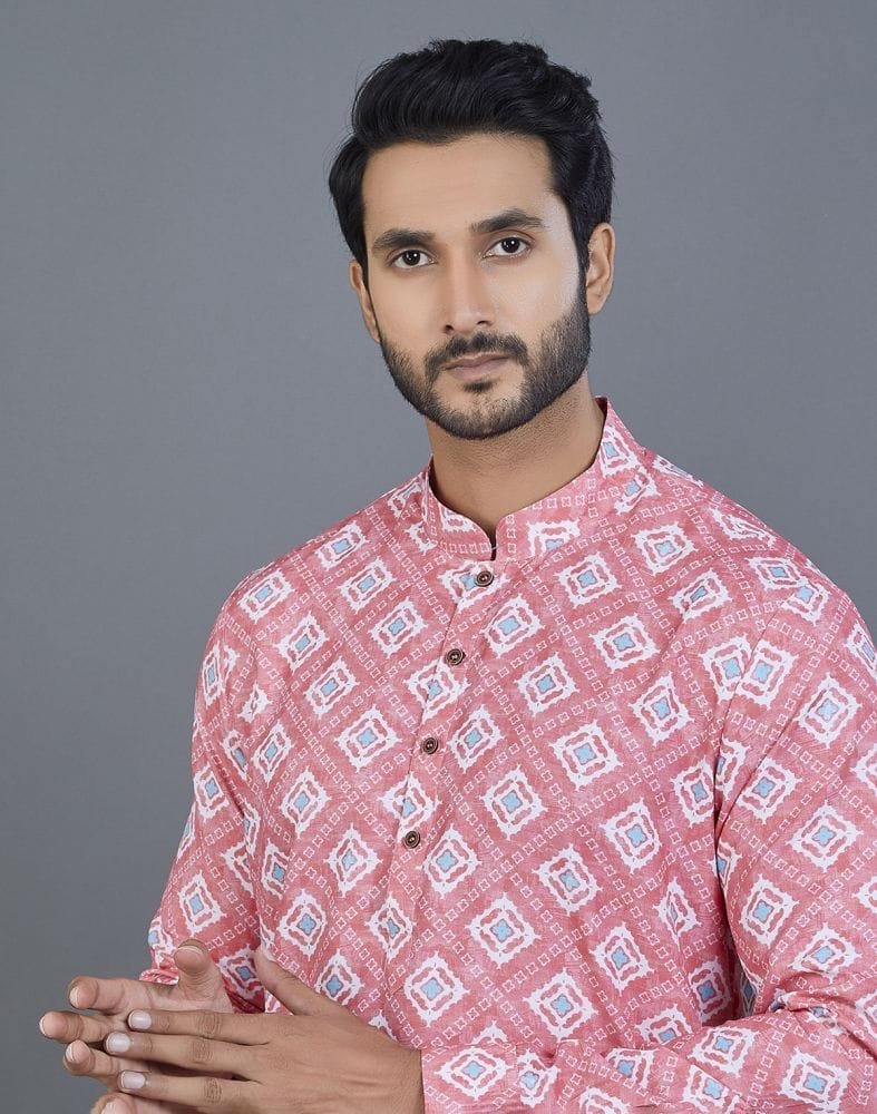 Collection of Good Looking Pink Geometric Cotton Kurta in a gallery layout