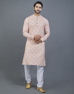 Collection of Orange Geometric Printed Cotton Kurta in a gallery layout