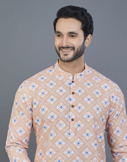 Collection of Orange Geometric Printed Cotton Kurta in a gallery layout