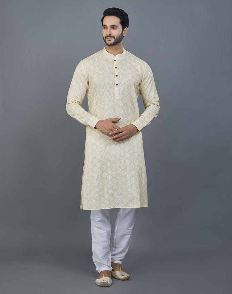 Collection of Lemon Colored Geometric Cotton Kurta in a gallery layout