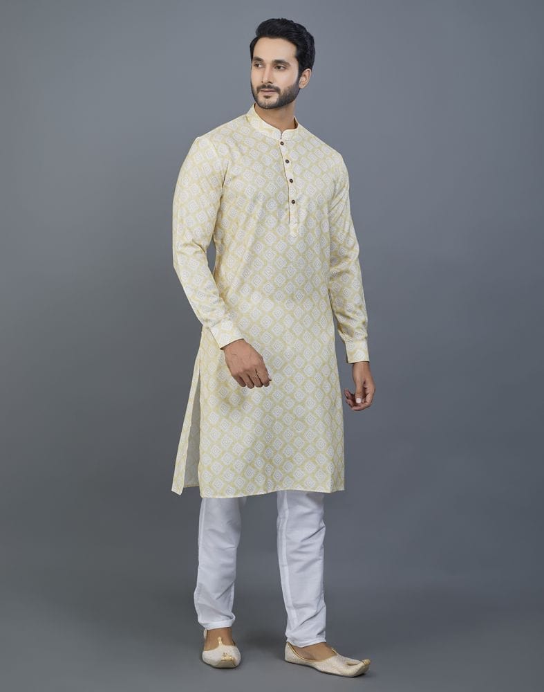 Lemon Colored Geometric Cotton Kurta