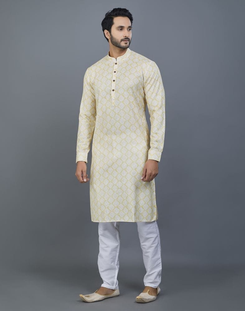 Collection of Lemon Colored Geometric Cotton Kurta in a gallery layout