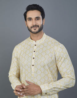 Collection of Lemon Colored Geometric Cotton Kurta in a gallery layout