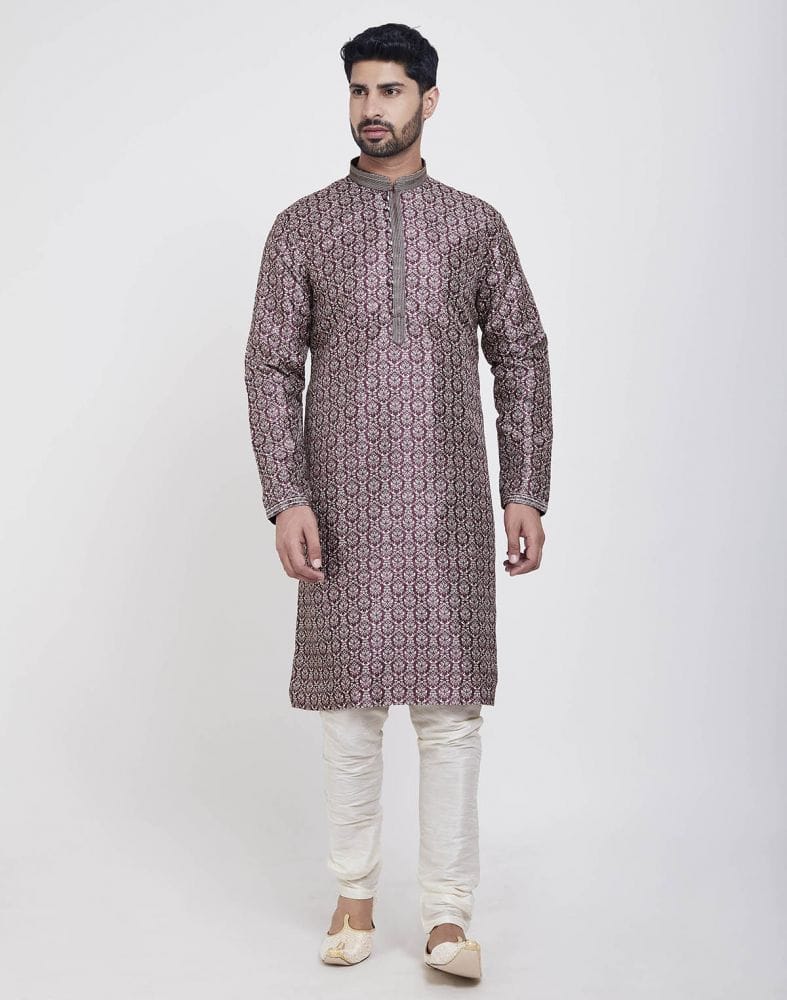 Wine Thread & Collar Work Kurta Pajama Set