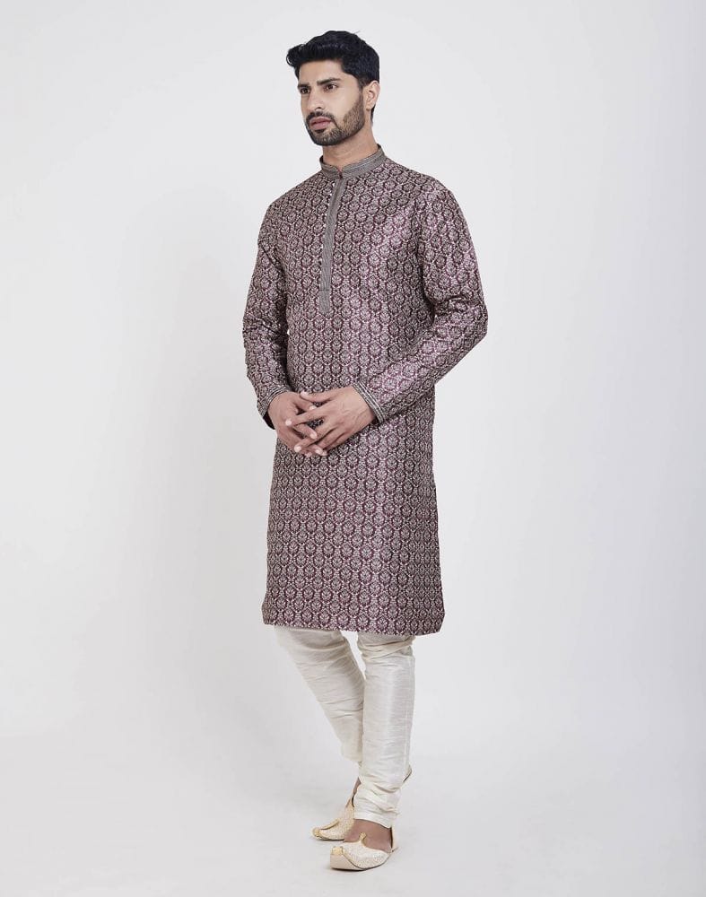 Wine Thread & Collar Work Kurta Pajama Set