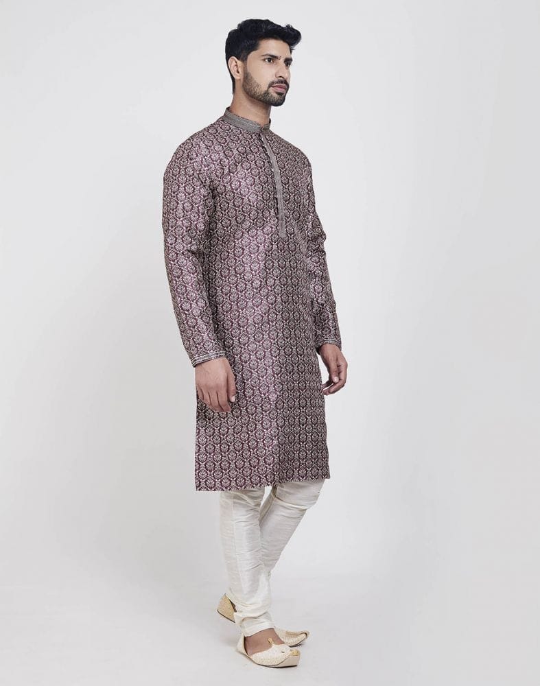 Collection of Wine Thread & Collar Work Kurta Pajama Set in a gallery layout