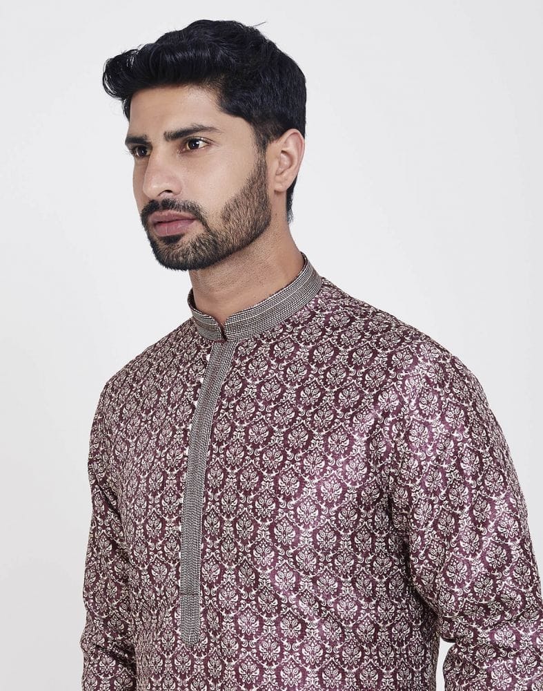 Collection of Wine Thread & Collar Work Kurta Pajama Set in a gallery layout